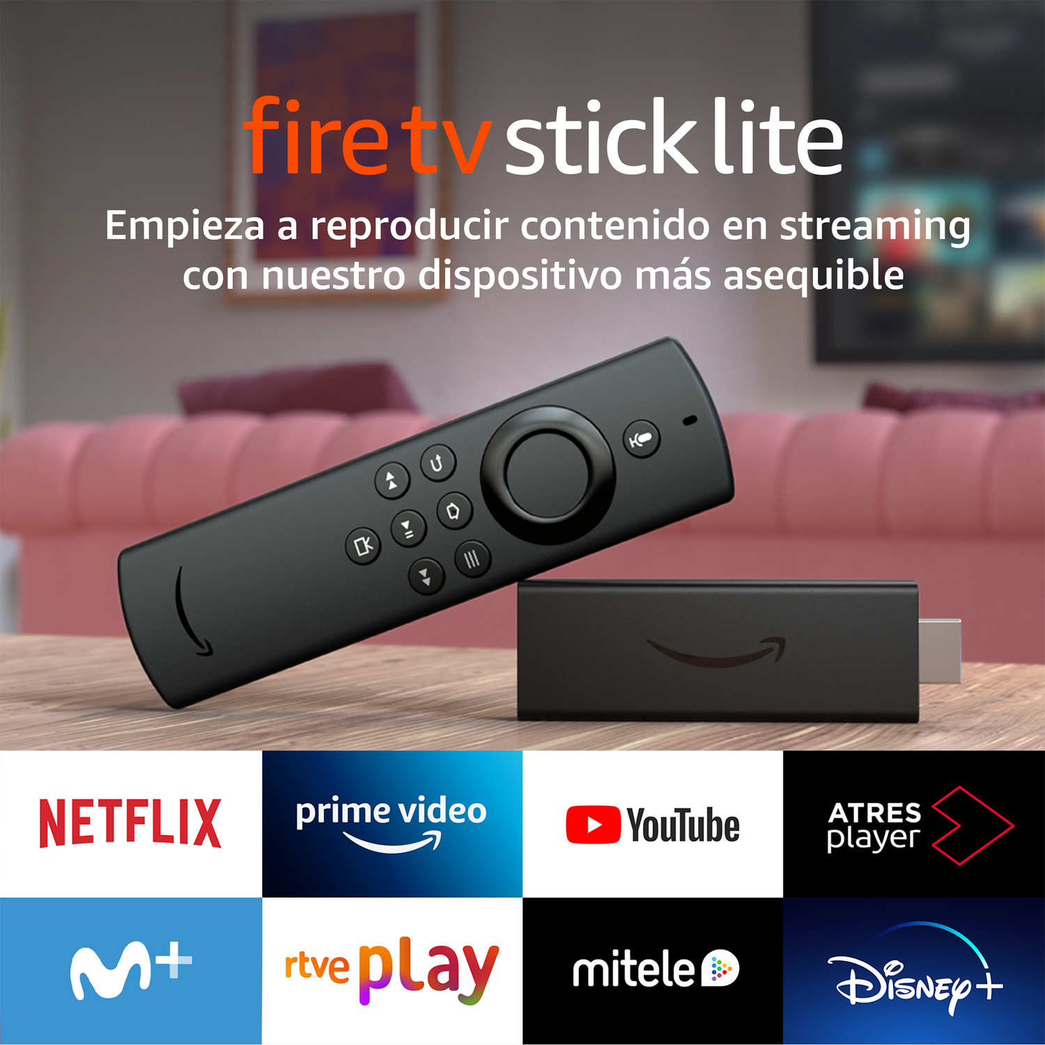 Fire TV Stick y mando a distancia sobre una superficie de madera. Logotipos de servicios de streaming abajo.
