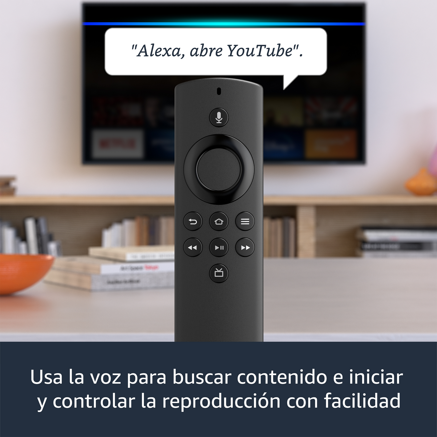 Un mando a distancia negro. Una pantalla de TV con una burbuja de diálogo que dice 'Alexa, abre YouTube'.