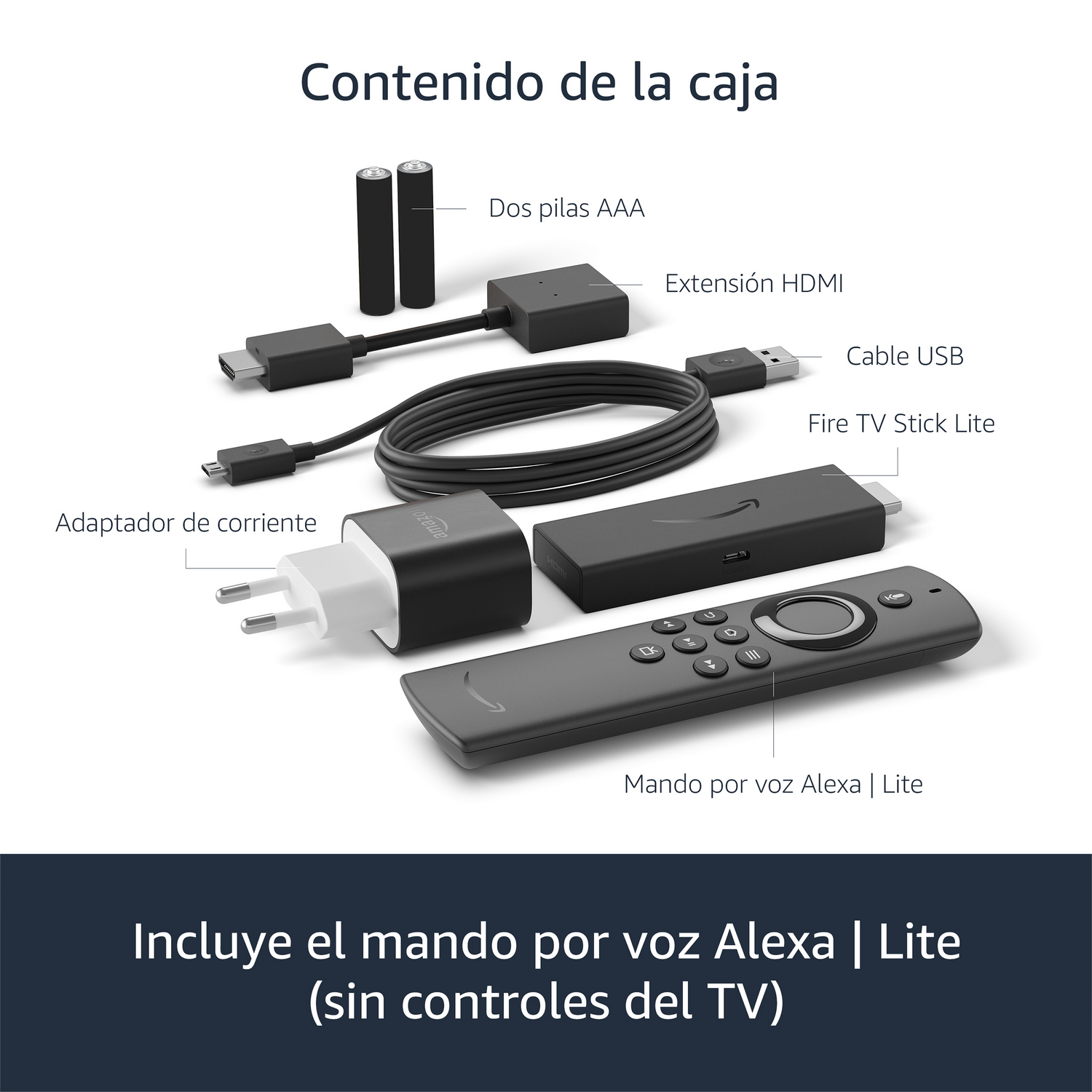 Contenido de la caja: pilas AAA, extensor HDMI, cable USB, Fire TV Stick Lite, adaptador de corriente y mando.