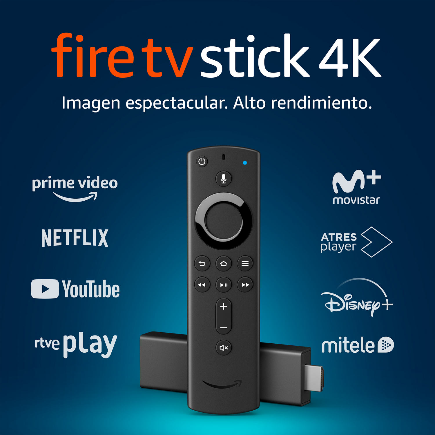 Mando y stick Fire TV Stick 4K, con logos de servicios de streaming. Fondo azul.