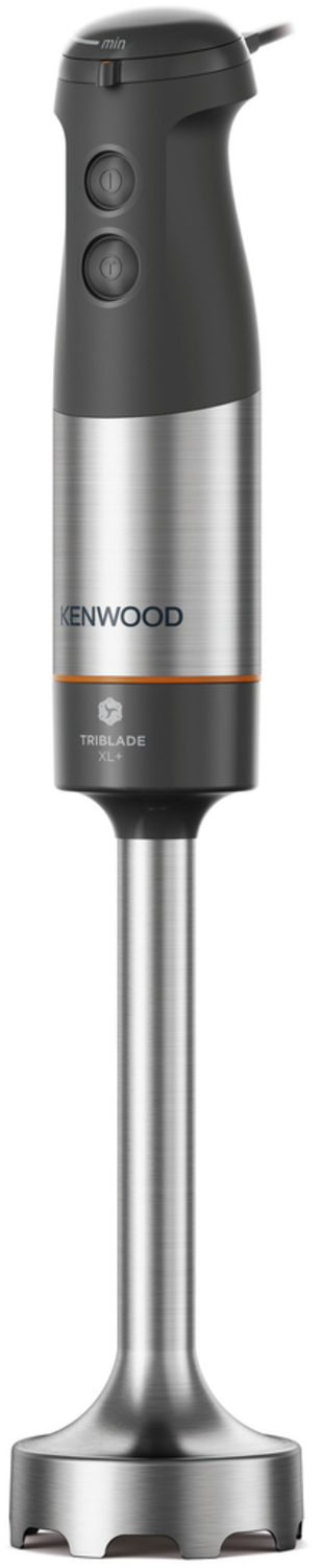 Ein Edelstahl-Kenwood Triblade XL+ Stabmixer, schwarz und grau akzentuiert.