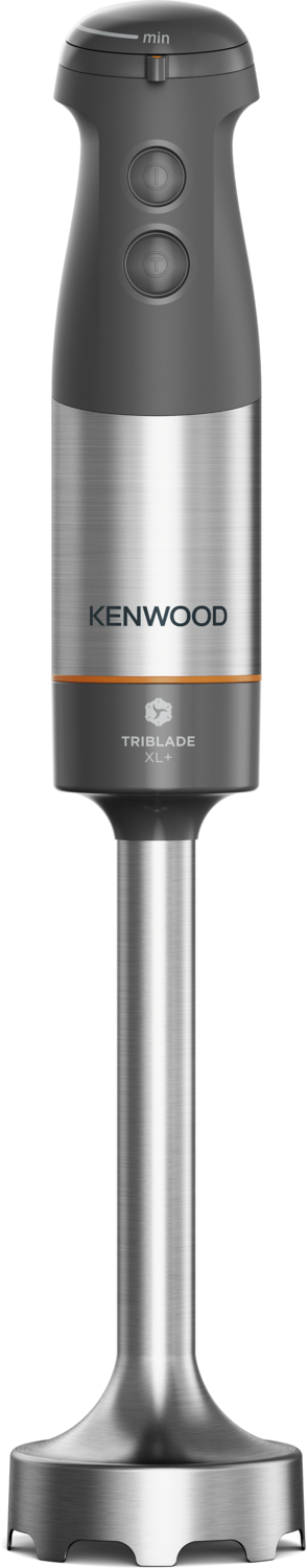 Handmixer. Er ist silber und grau mit einem orangefarbenen Band. Schwarzer Hintergrund, Produktaufnahme.