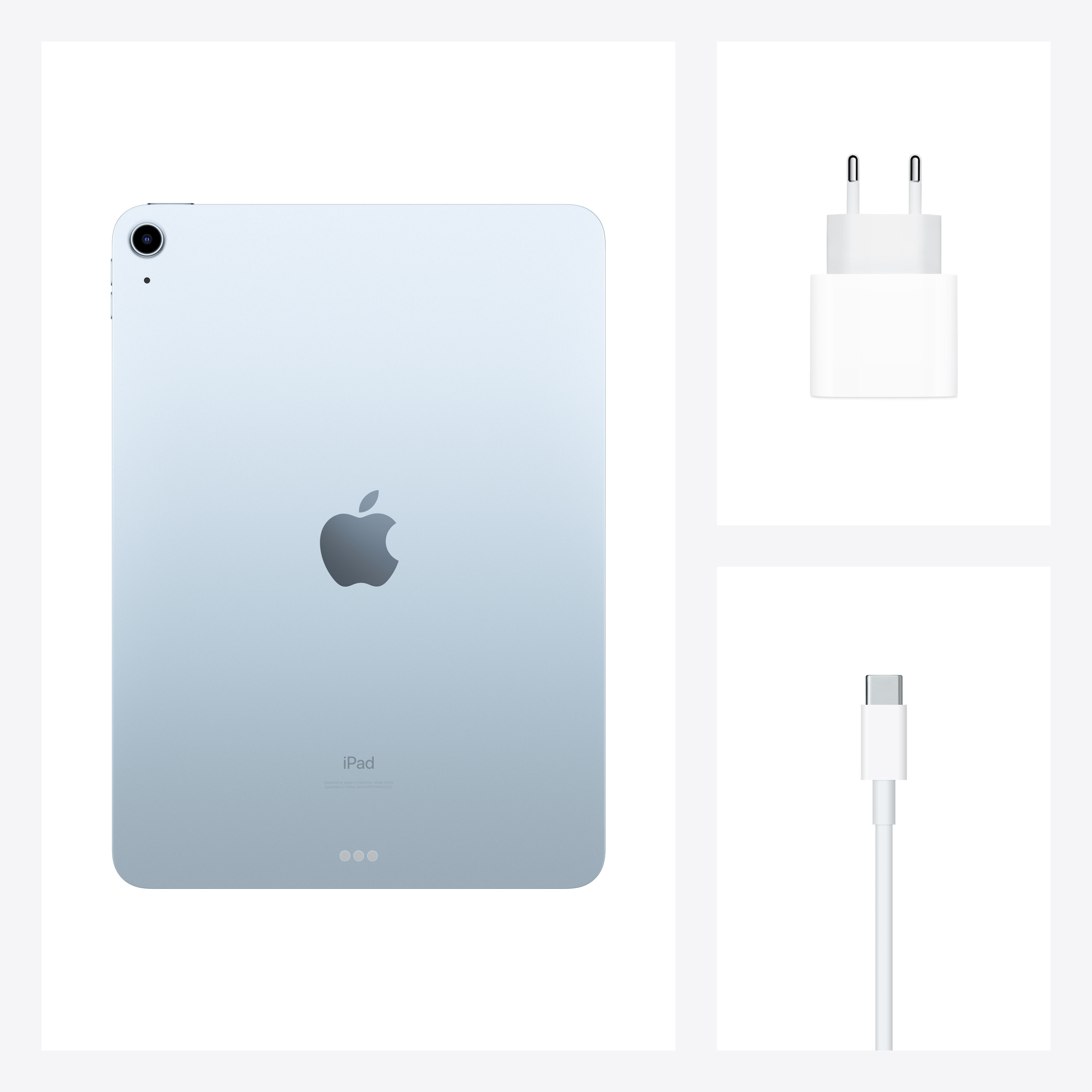 iPad con accesorios: cargador y cable. iPad azul claro, cargador y cable blancos.