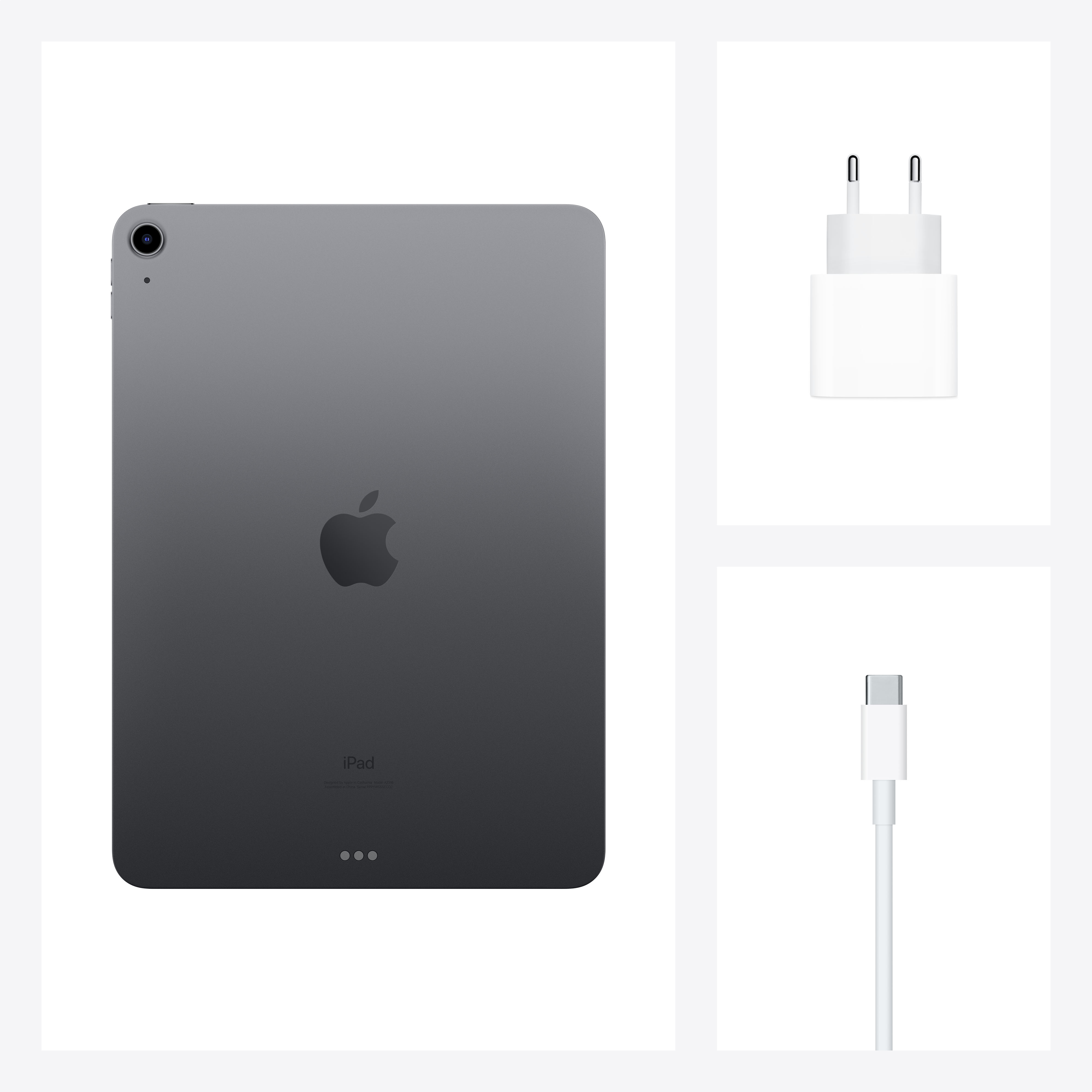 iPad, cargador y cable blancos sobre fondo blanco.