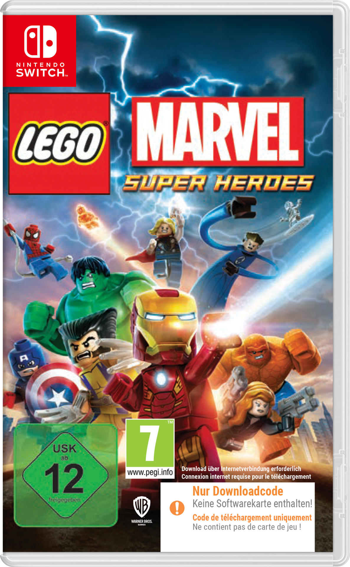 Nintendo Switch-Spielcover: LEGO Marvel Super Heroes. Mit verschiedenen Lego-Superhelden-Charakteren.