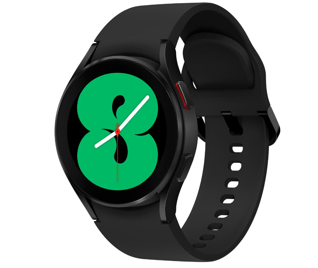 Siyah bir Samsung Galaxy Watch, 8 sayısını ve kırmızı bir yan düğmeyi gösteren yeşil bir ekrana sahip.
