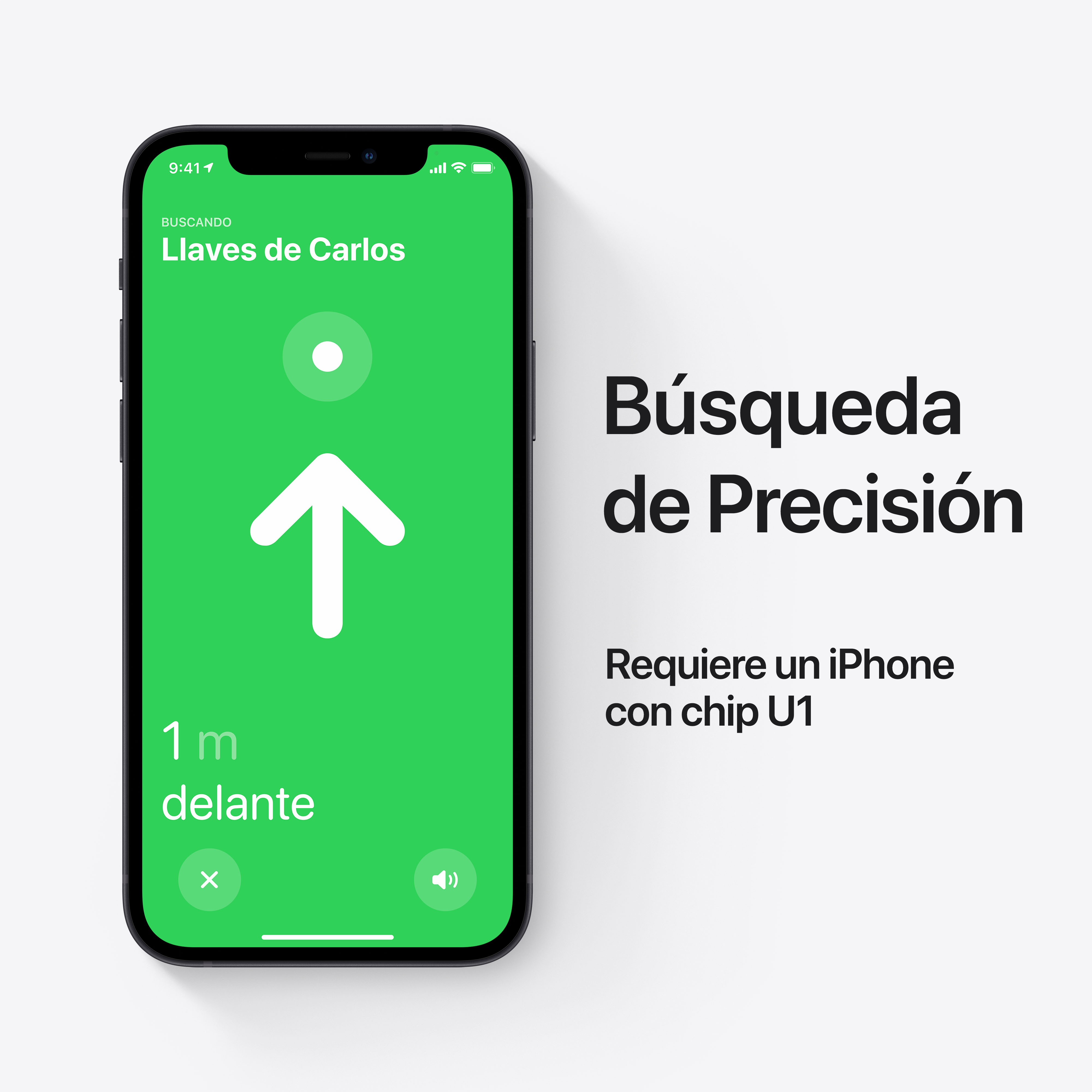 Una pantalla de smartphone muestra una flecha de ubicación verde y texto en español. El fondo es blanco.