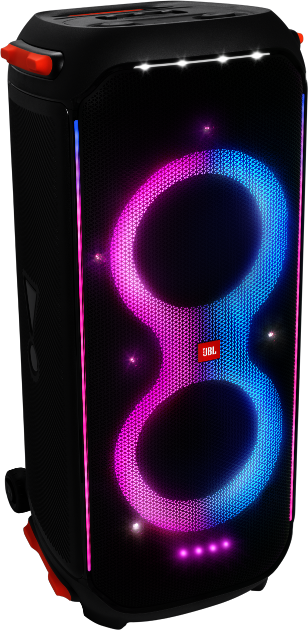 Grand haut-parleur noir avec des lumières colorées. Le logo JBL est visible.
