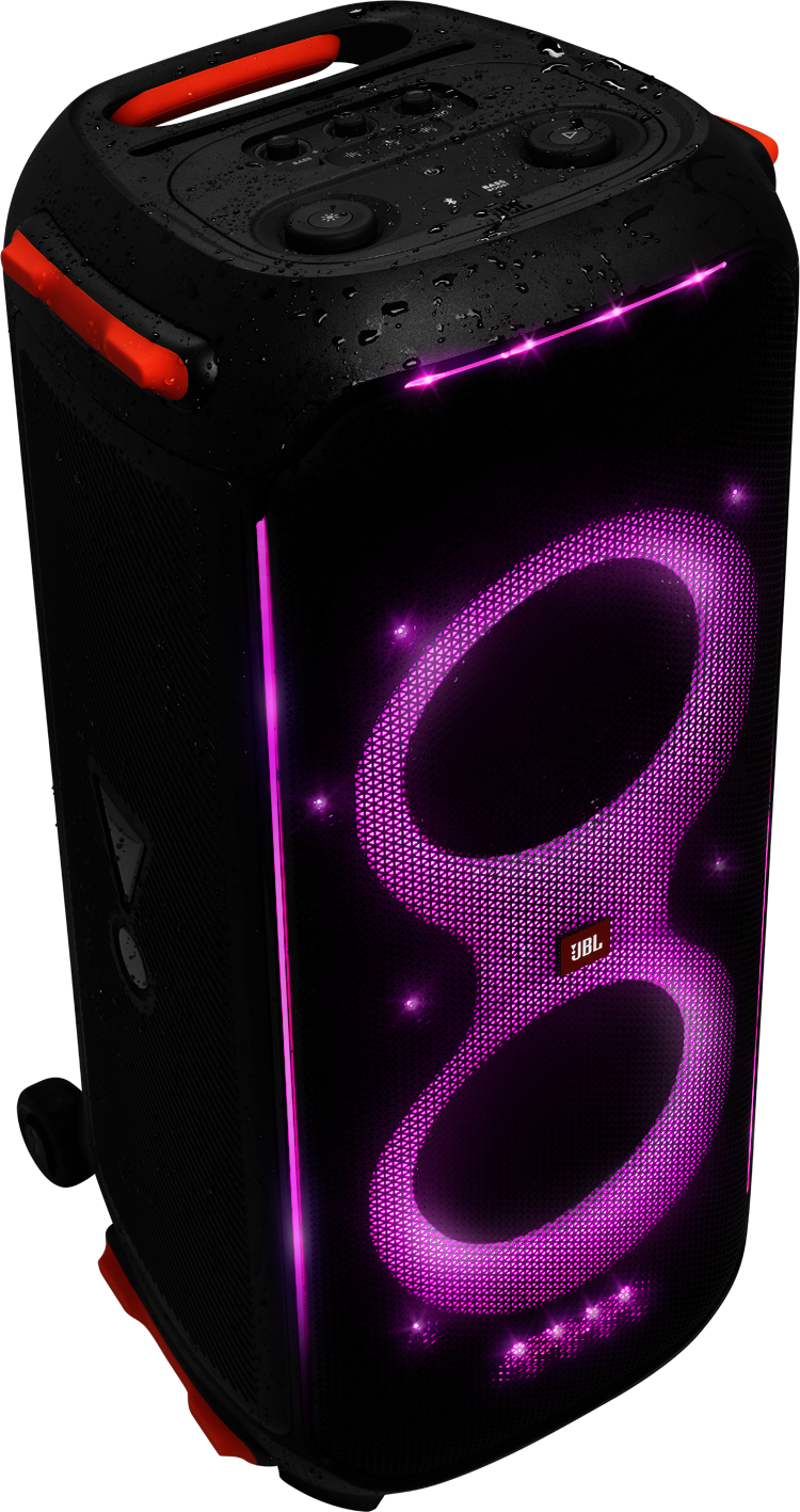 Enceinte de soirée noire et orange avec affichage lumineux violet et roues.