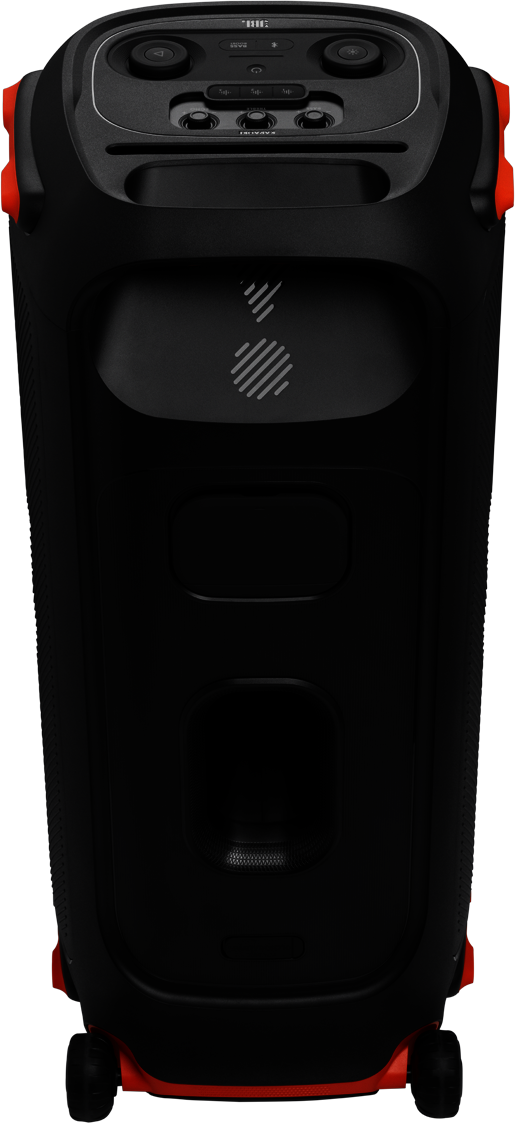 Haut-parleur JBL noir avec des accents orange. Le haut-parleur est grand et rectangulaire.