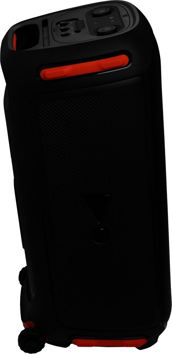 Enceinte JBL PartyBox noire avec des accents orange, montrant la texture et les commandes du panneau avant.