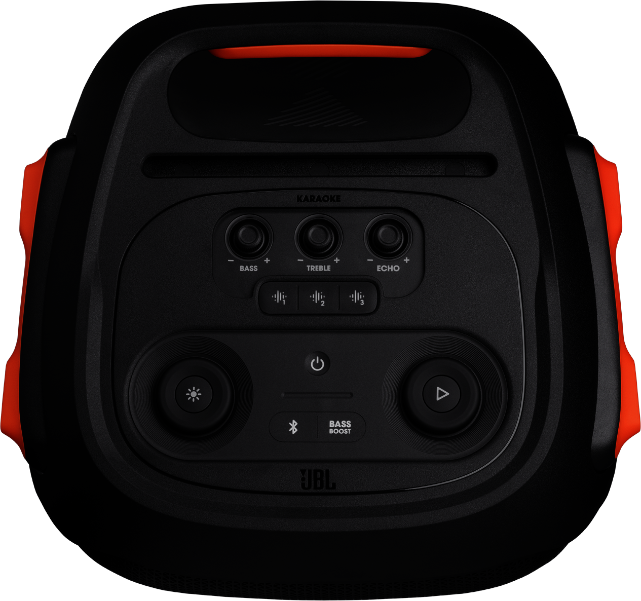 Vue de dessus d'une enceinte JBL noire avec des accents orange, des boutons et une poignée.