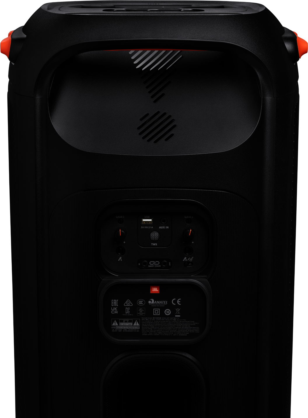 Arrière d'une grande enceinte JBL PartyBox noire, avec un panneau de contrôle.