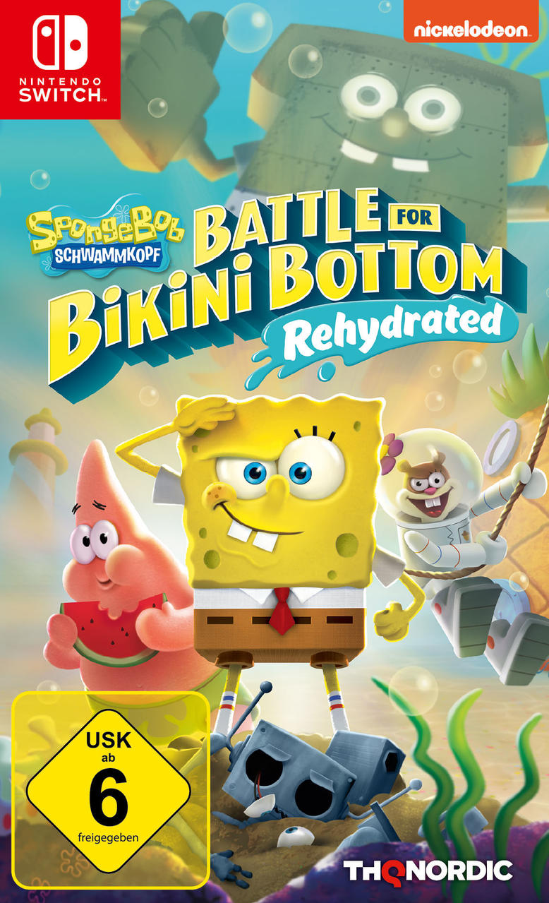 SpongeBob-Videospielcover. SpongeBob, Patrick und Sandy sind abgebildet, mit Nickelodeon-Logo.