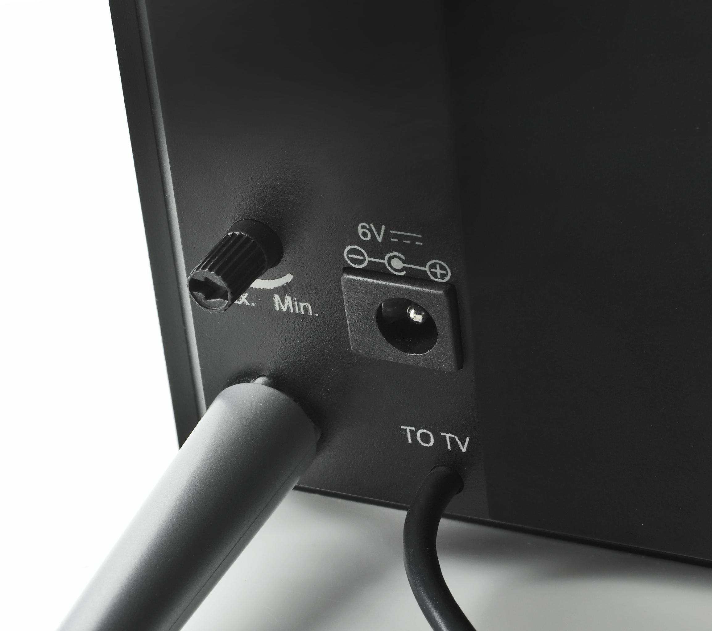 Rückseite eines schwarzen elektronischen Geräts mit Stromanschluss, 6V-Eingang und Text 'TO TV'.