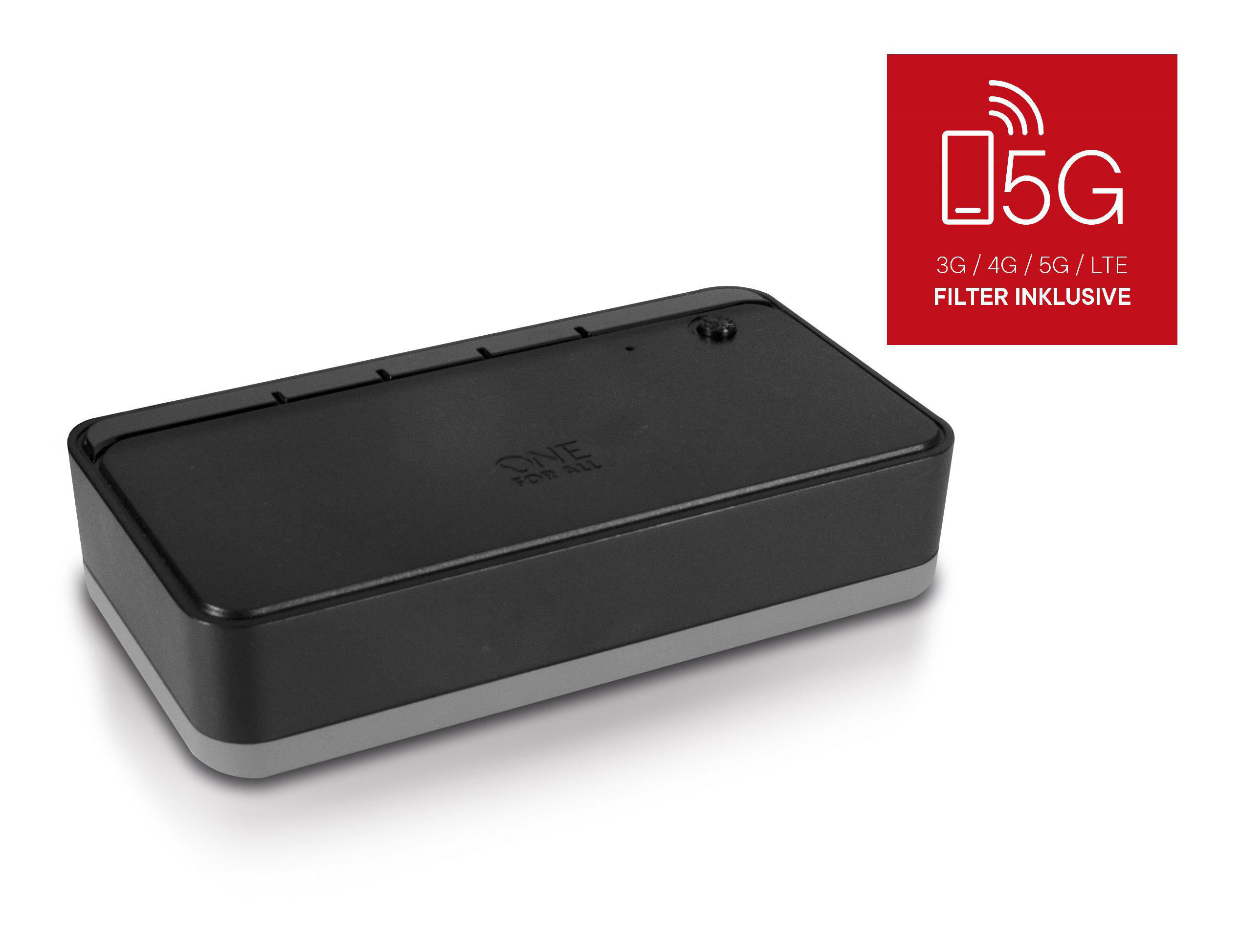 Schwarzes rechteckiges Gerät mit weiß-grauem Rand. Das Gerät hat ein 5G- und LTE-Symbol.