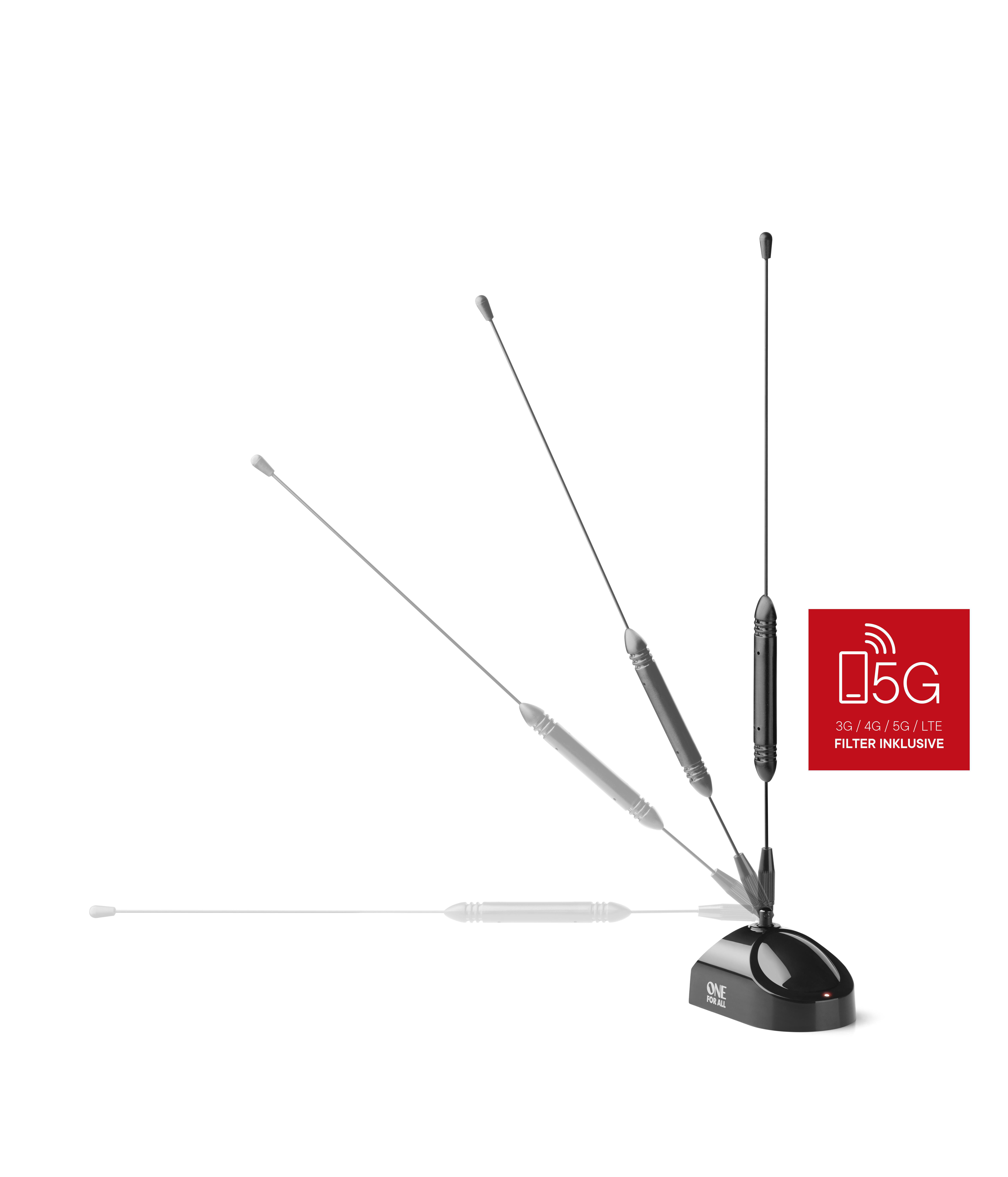 Eine Antenne mit drei abgewinkelten Positionen, auf weißem Hintergrund, mit 5G-Etikett.