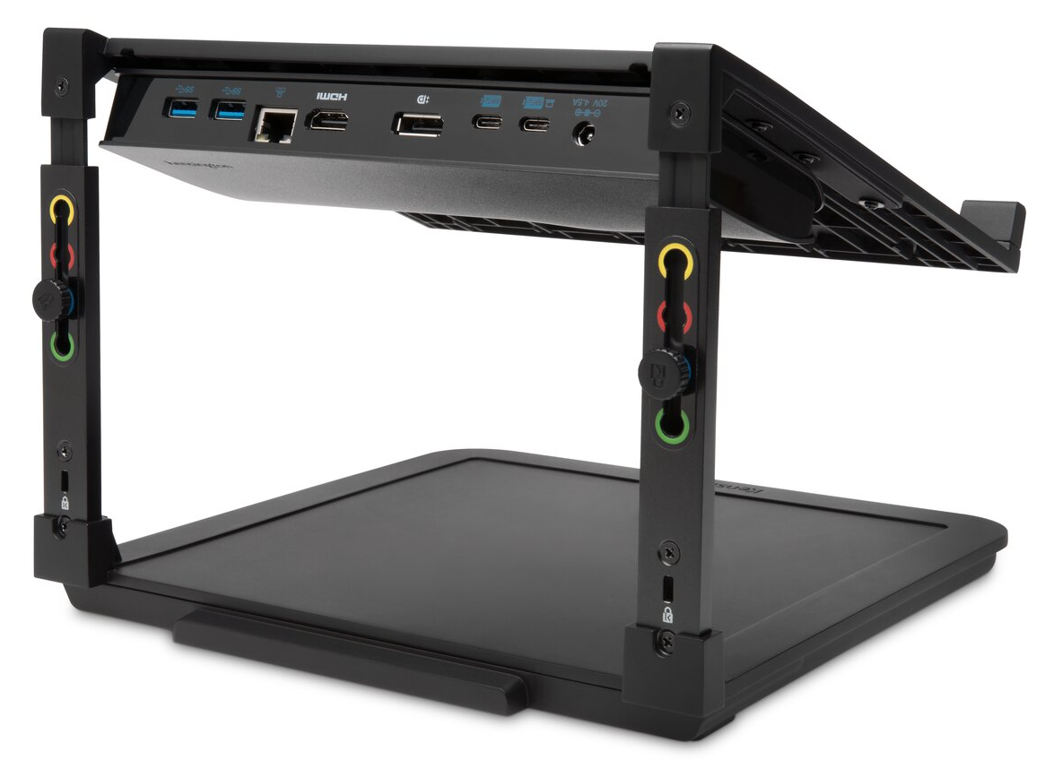 Fekete laptop állvány állítható karokkal. Több portja és egy megemelt platformja van. Fekete alap.