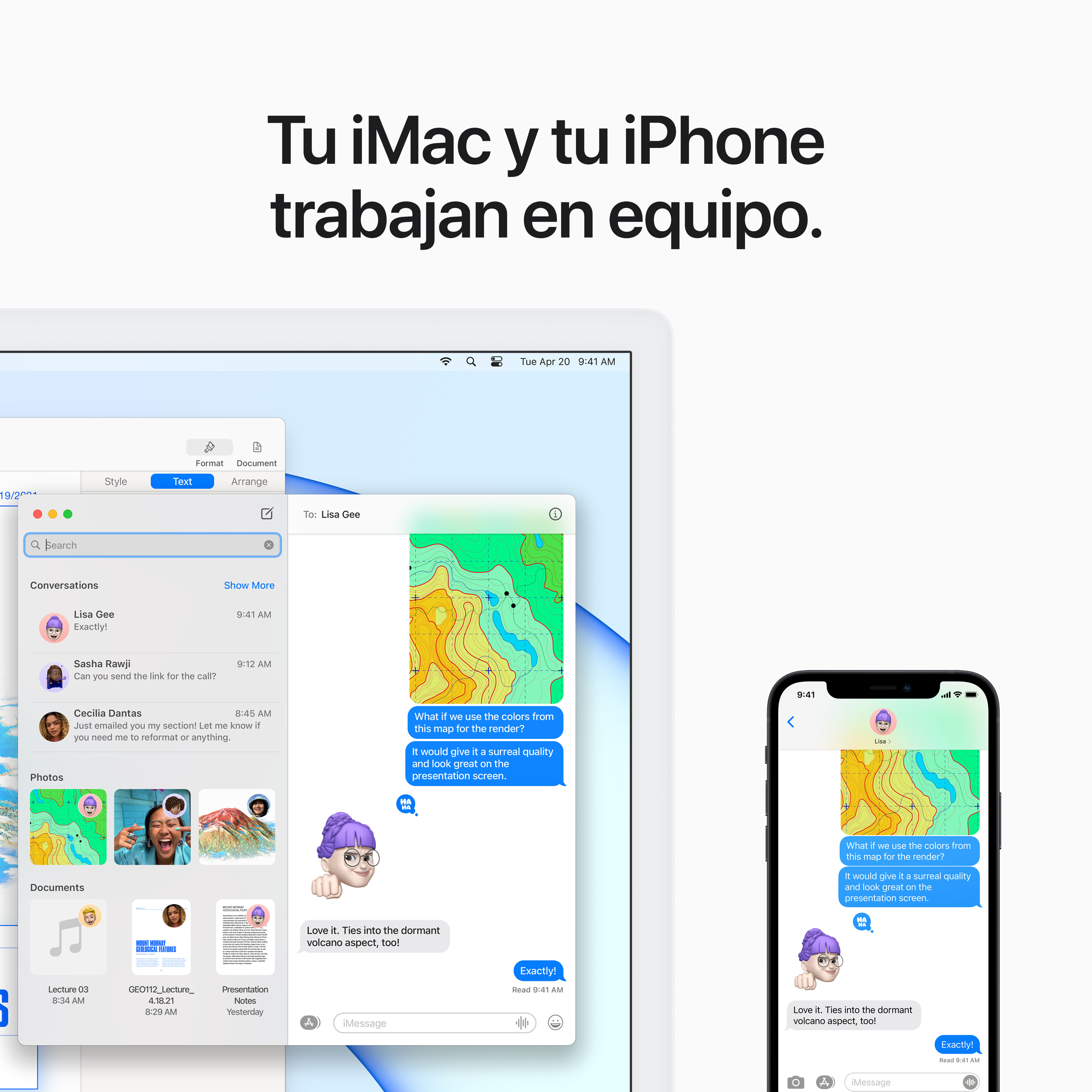 Una pantalla de iPhone y iMac que muestra una conversación.