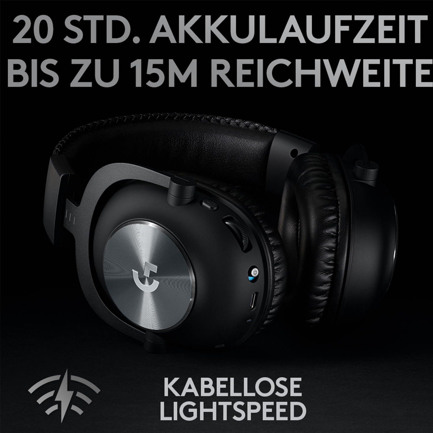 Schwarzer Kopfhörer mit Text: '20 STD. AKKULAUFZEIT' und 'KABELLOSE LIGHTSPEED'.