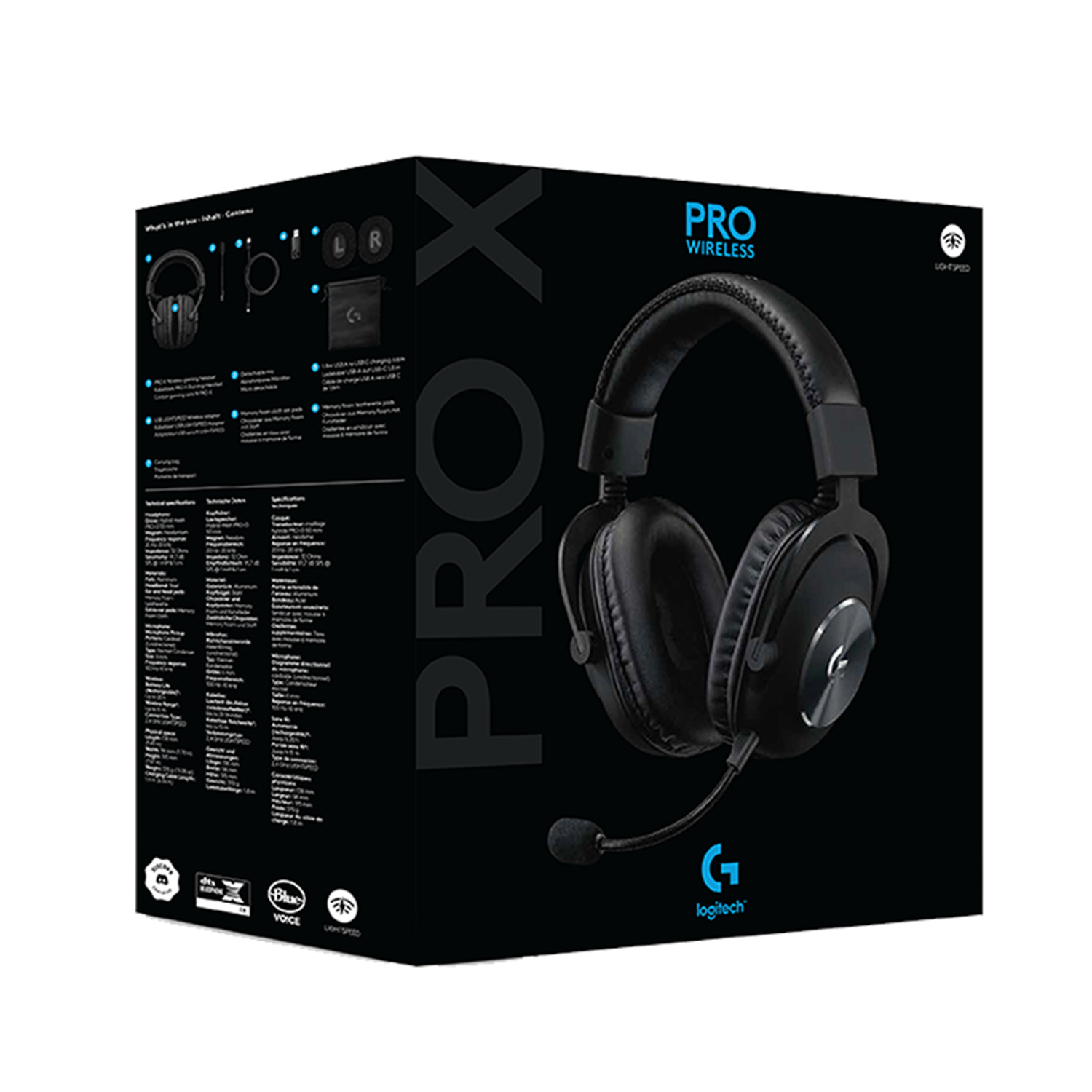 Schwarzes Headset in einer Box. Die Box zeigt das Headset und etwas Text.