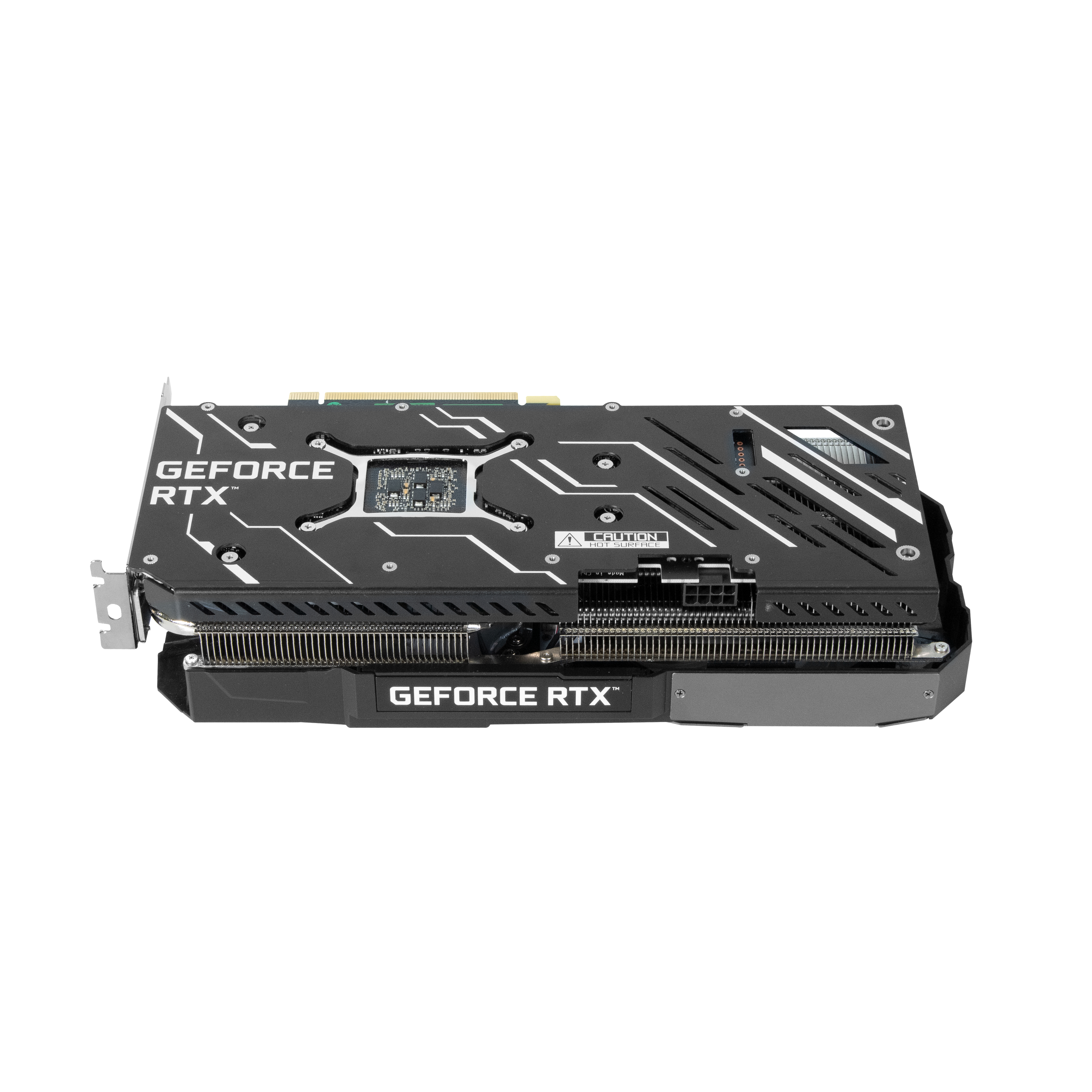 GeForce RTX Grafikkarte. Schwarzes und graues Design mit Lüftern und GeForce RTX Logo.