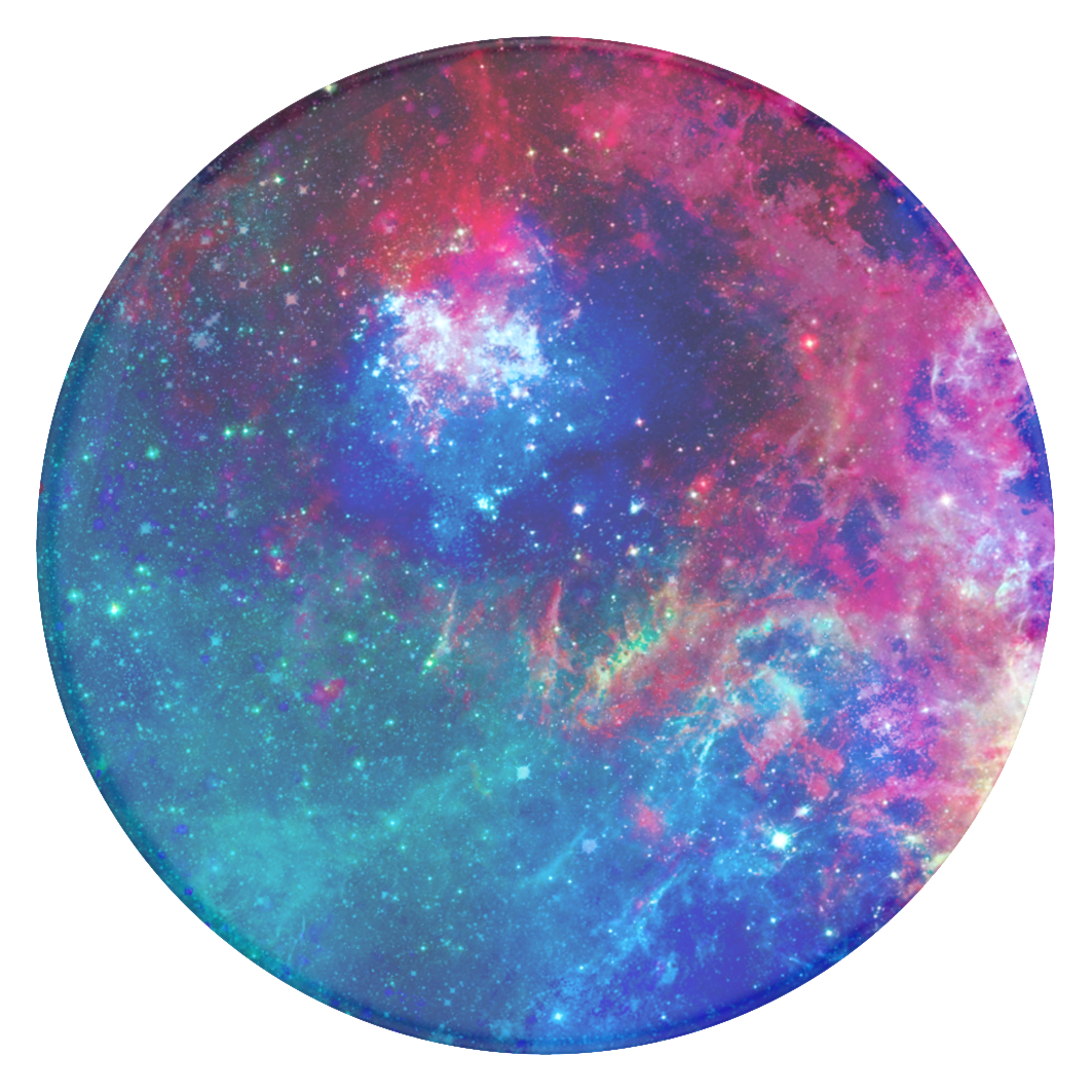 Ein PopSocket mit einem farbenfrohen Galaxy-Design, das Blau-, Rosa- und Rottöne mischt.