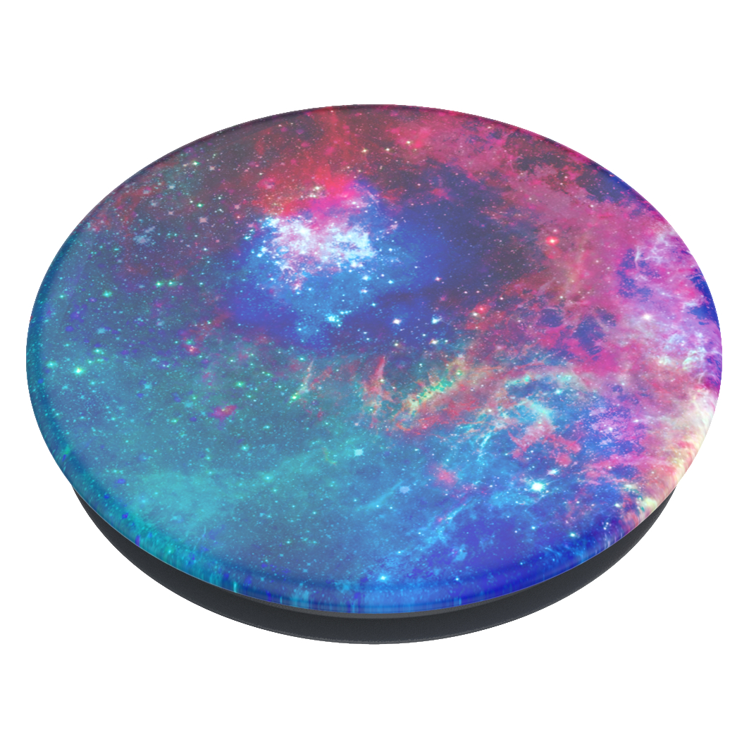 Ein farbenfrohes Galaxy-PopSocket auf weißem Hintergrund. Es ist kreisförmig mit schwarzem Sockel.