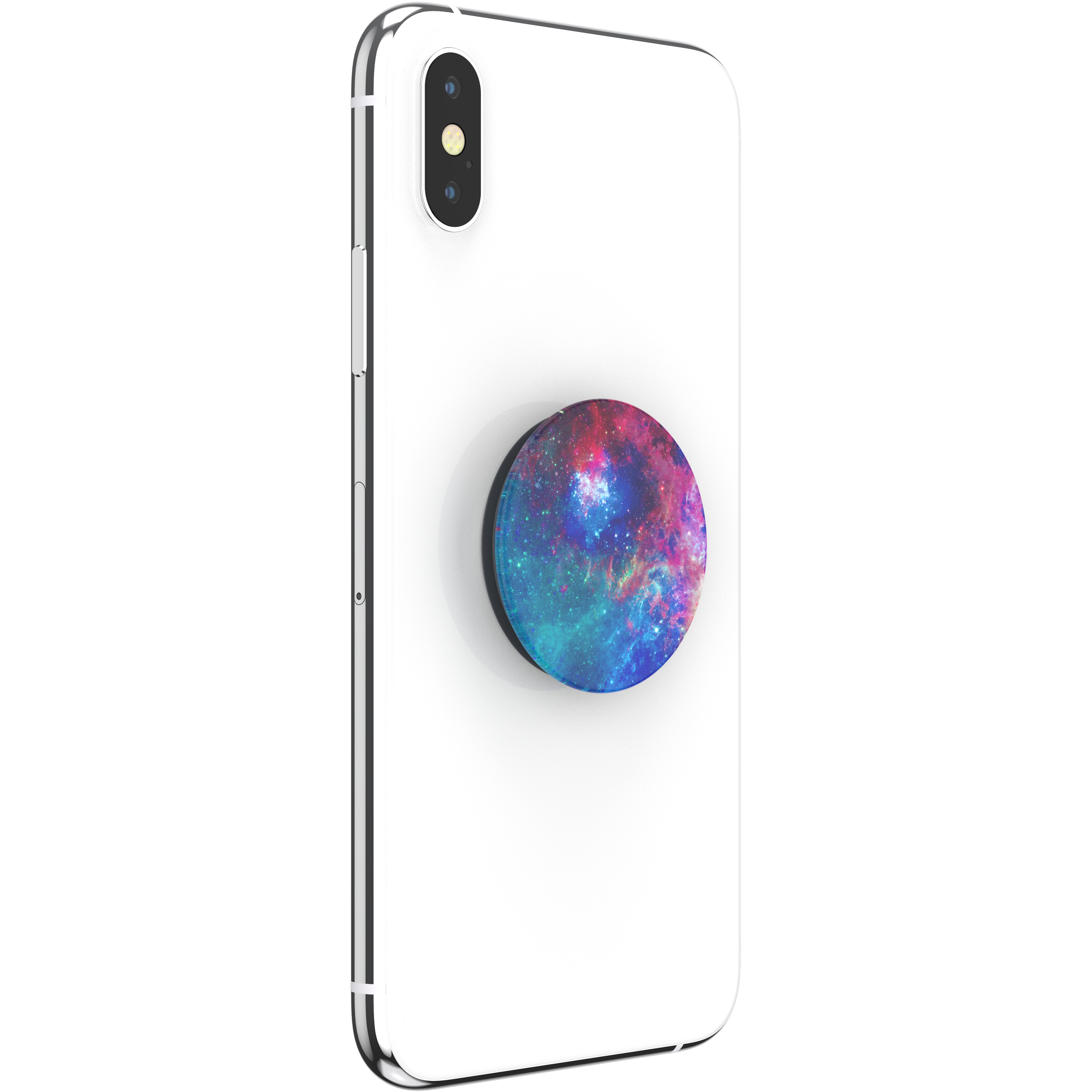 Weißes Telefon mit einem Galaxy-Pop-up. Das Pop-up befindet sich auf der Rückseite des Telefons.