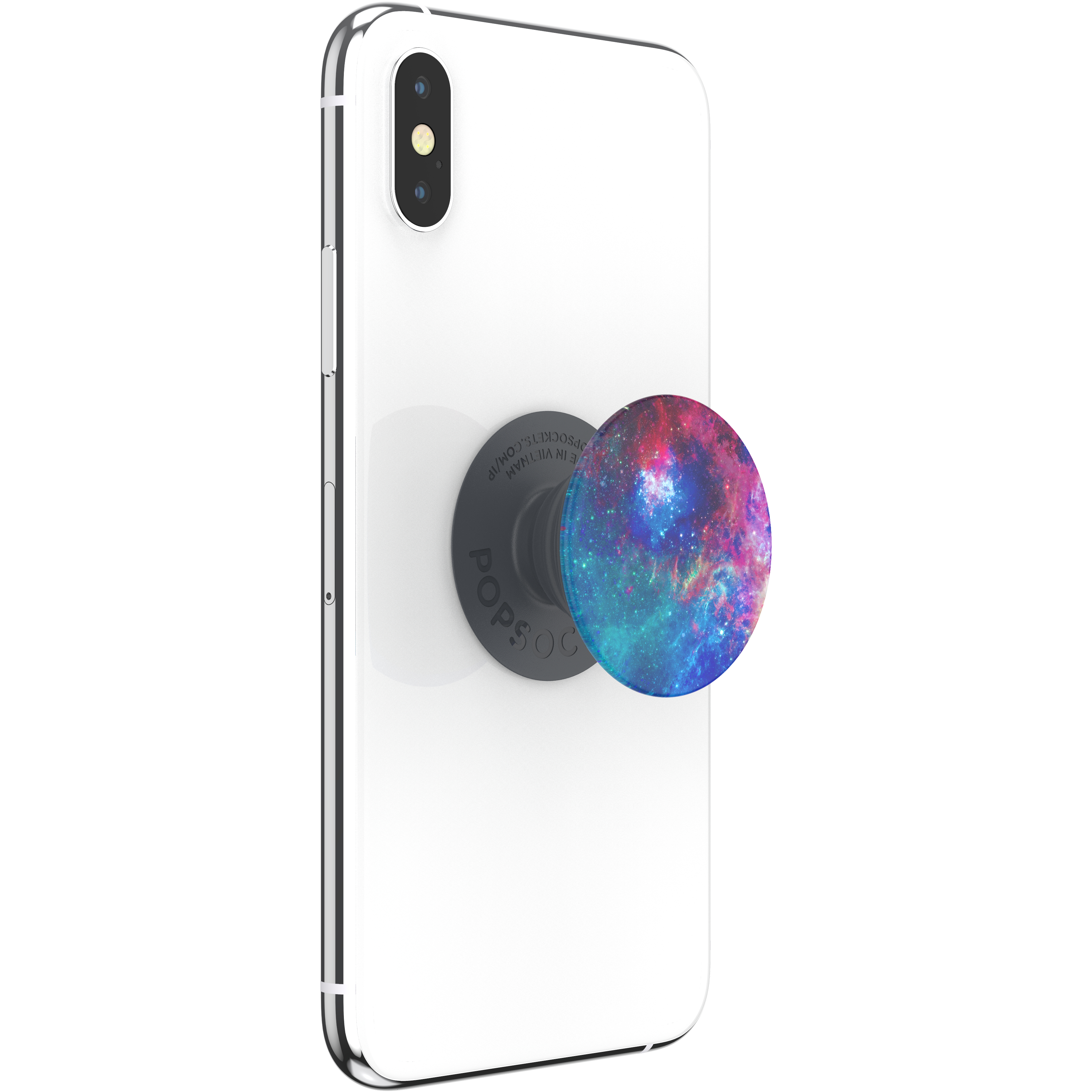 Ein weißes Smartphone mit einem Galaxy PopSocket daran befestigt.