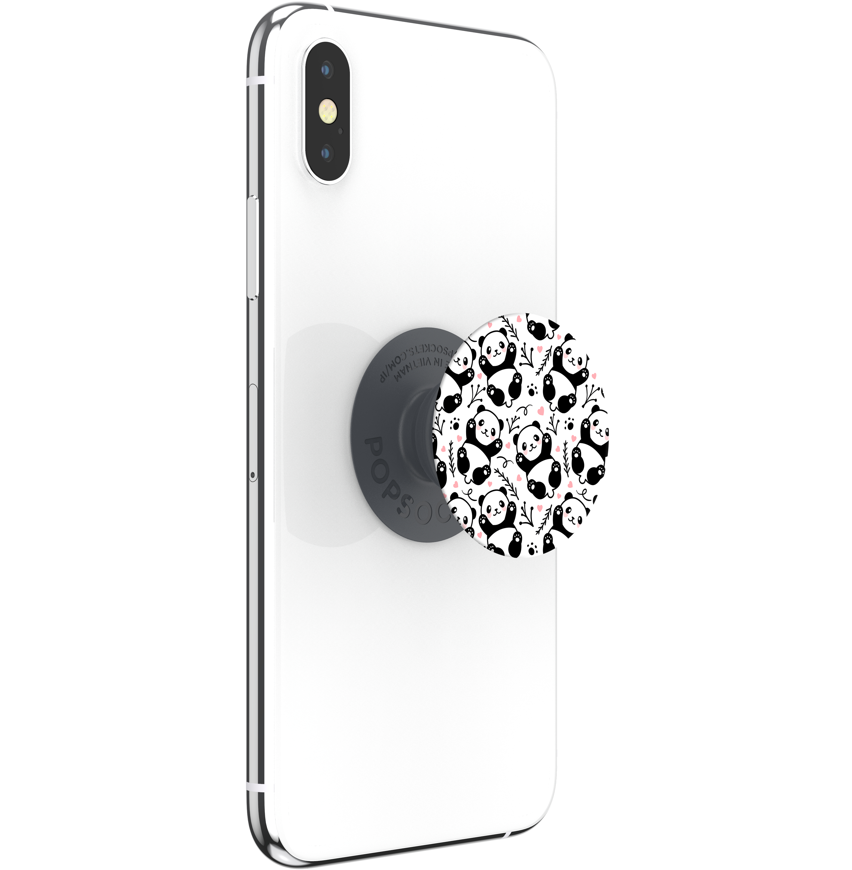 Ein weißes Telefon mit einem PopSocket im Panda-Design.