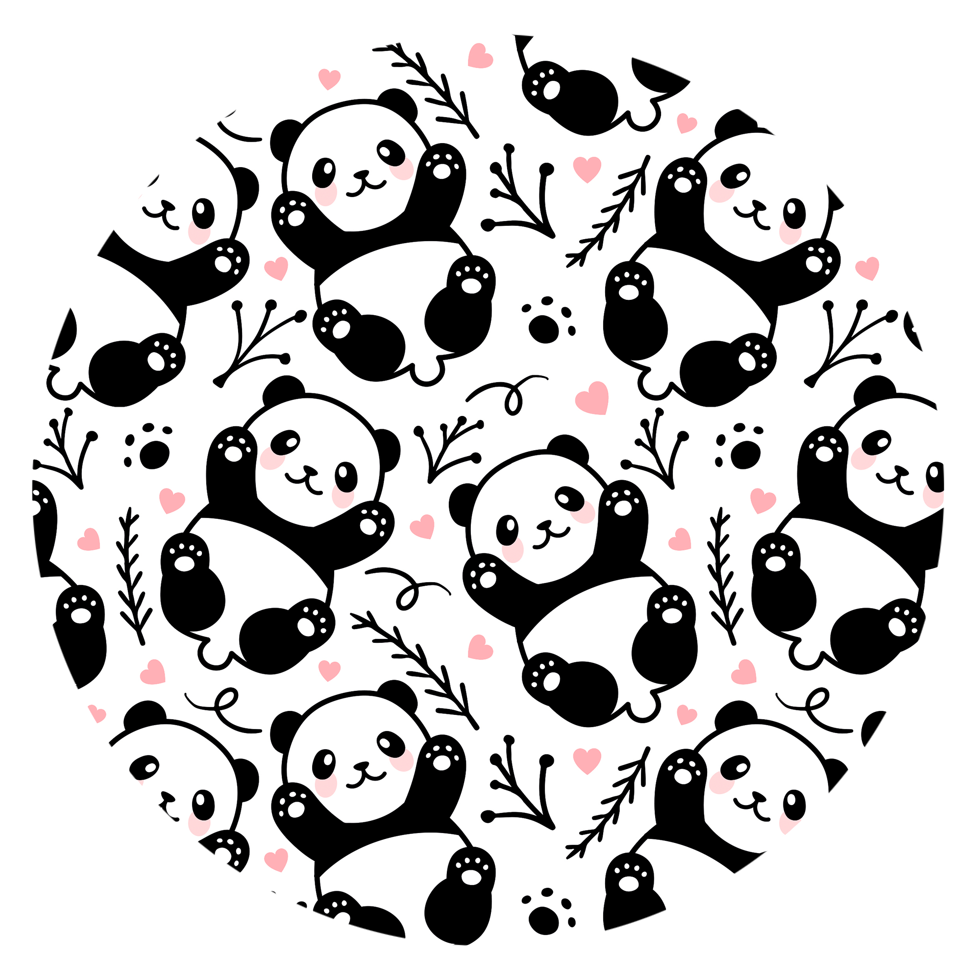 Ein kreisförmiges Muster aus Cartoon-Pandas, umgeben von Blättern und Herzen, alles auf weißem Hintergrund.