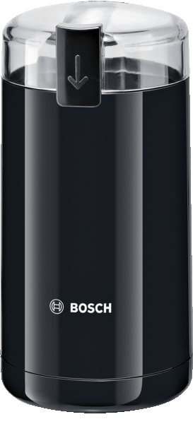 Beyaz zemin üzerinde şeffaf üstü olan siyah bir Bosch kahve değirmeni.