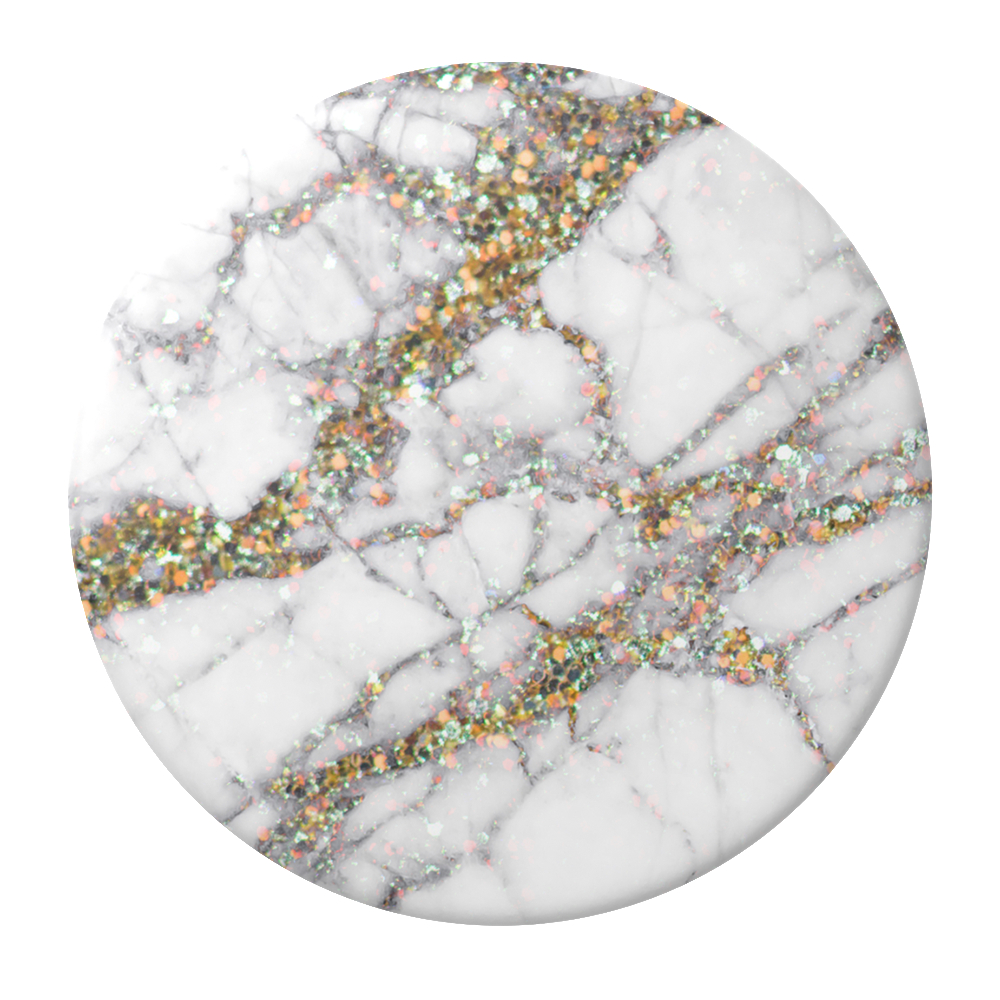 Runder, weiß marmorierter PopSocket mit Gold- und Regenbogen-Glitzerakzenten.