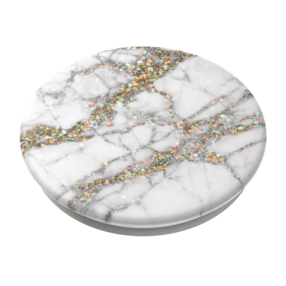 Pop-Socket mit Marmor-Design und Glitzer, auf weißem Hintergrund, Nahaufnahme.