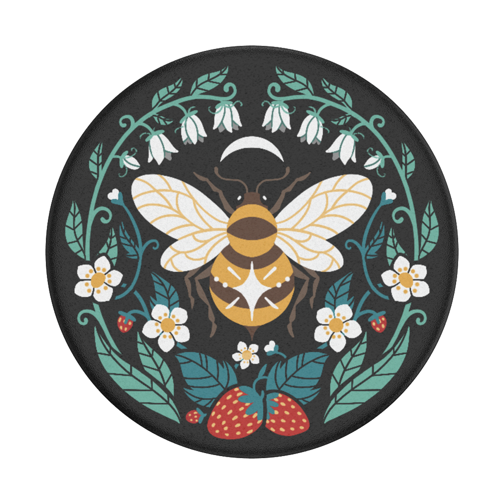 Kreisförmiges Design. Eine Biene mit floralem Design. Schwarzer Hintergrund. Weiße Blumen und Erdbeeren.