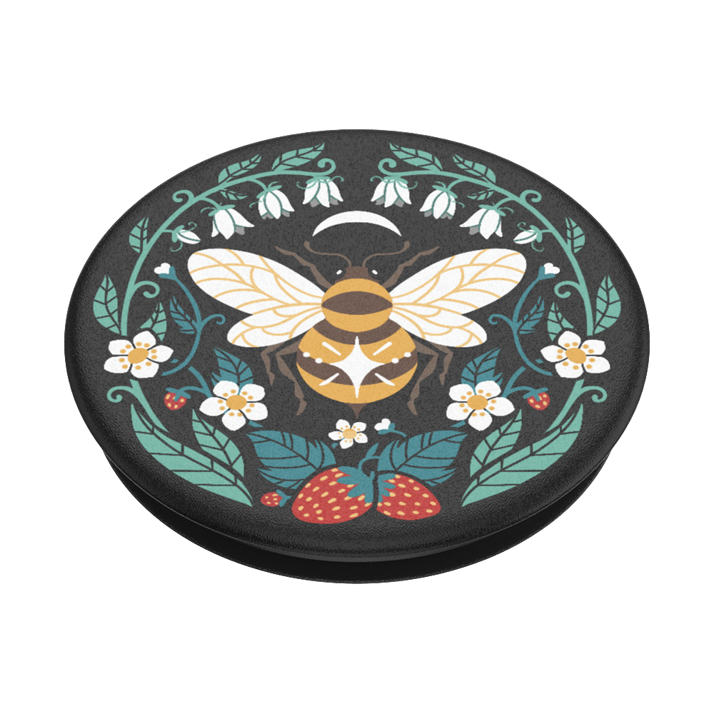 Schwarzer PopSocket mit einem Bienen-Design, umgeben von Blumen, Blättern und Erdbeeren.