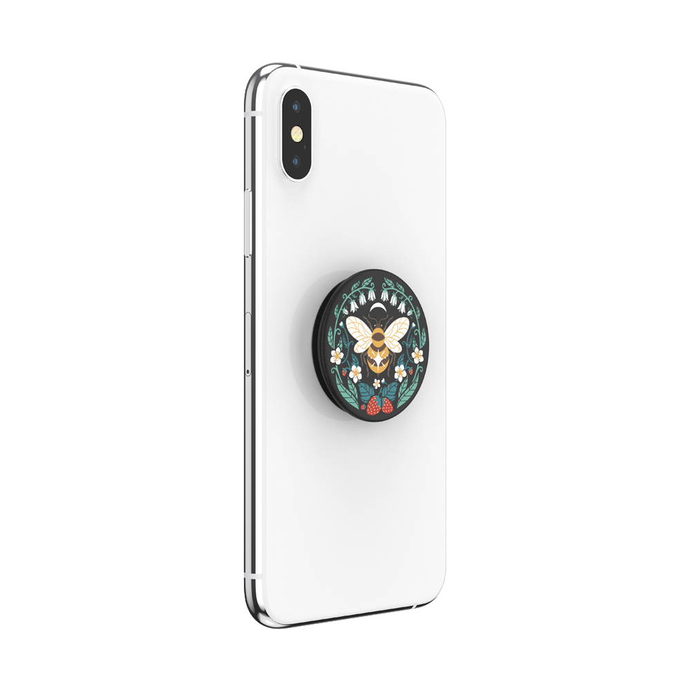 Weißes Telefon mit Pop-Socket mit Bienen- und Blumendesign, auf der Rückseite befestigt.