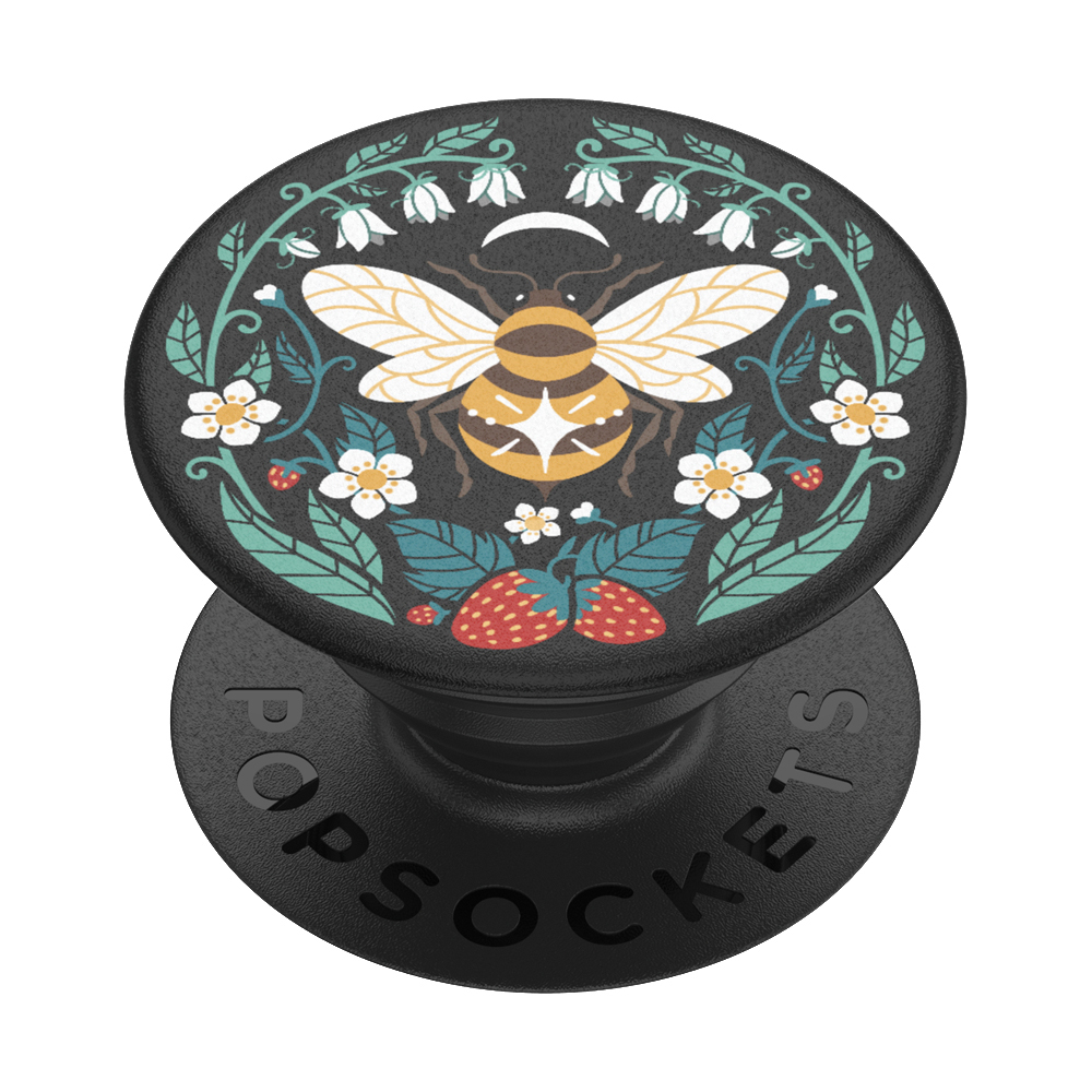 PopSocket mit Bienen- und Blumendesign. Die Biene ist gelb-schwarz. Der Hintergrund ist dunkel.
