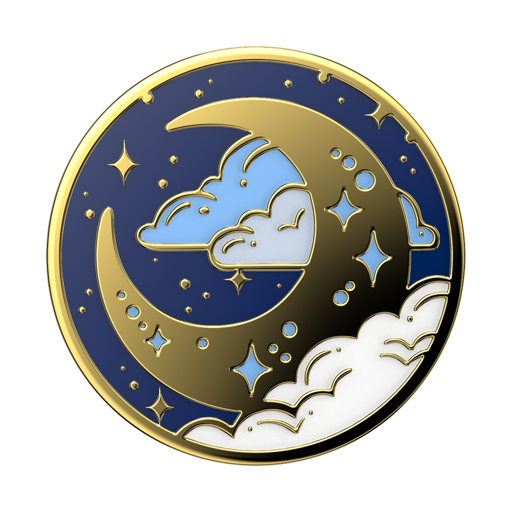 Ein runder Ansteck-Pin mit blauem Nachthimmel, Mond und Sternen.