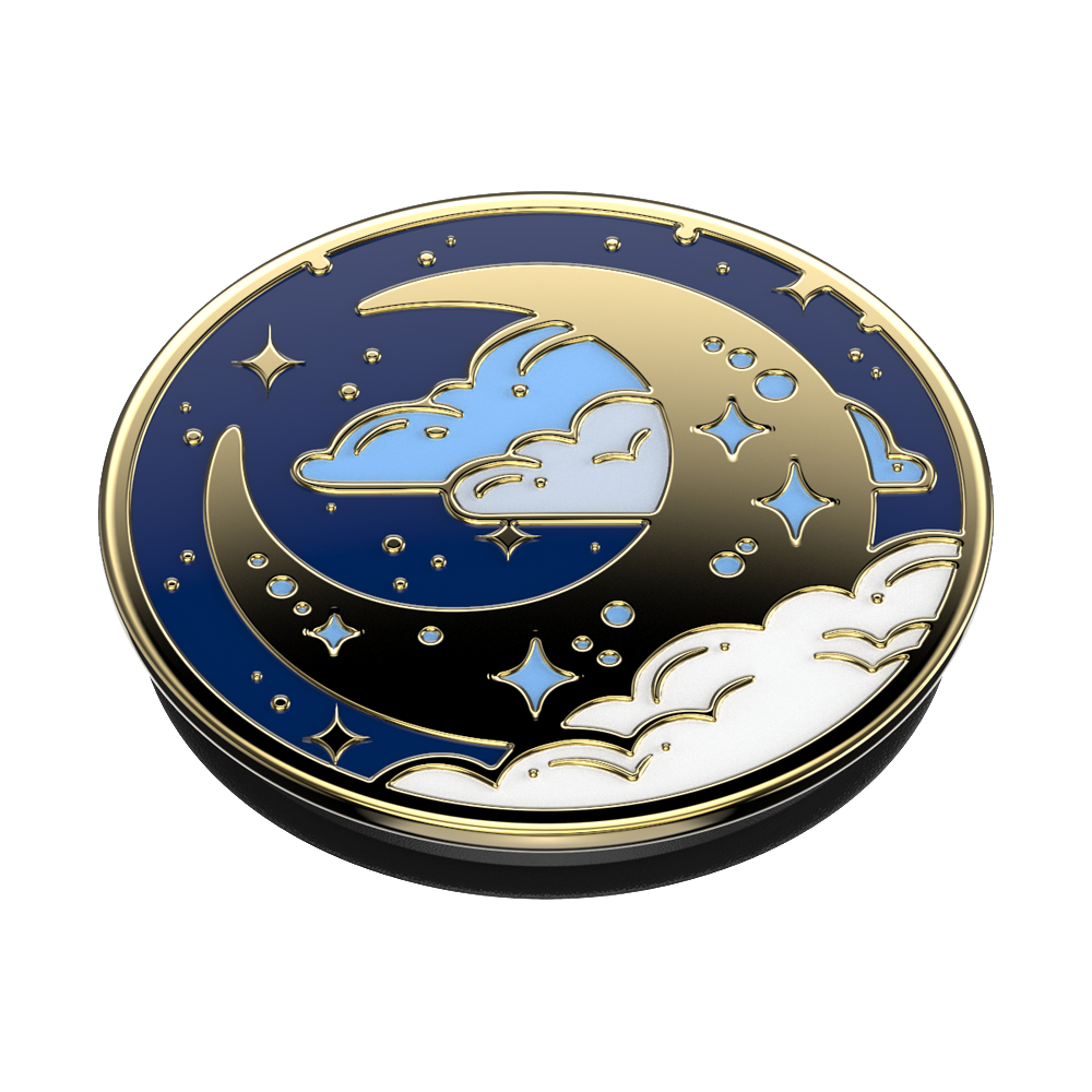 Ein runder Pin mit einem Halbmond-, Stern- und Wolken-Design, in Gold und Blau, liegt auf weißem Hintergrund.