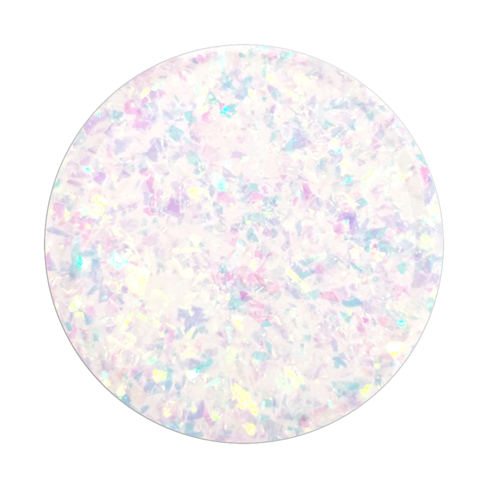 Eine runde, weiße, glitzernde Oberfläche mit mehreren Farben. Hintergrund: weiß.