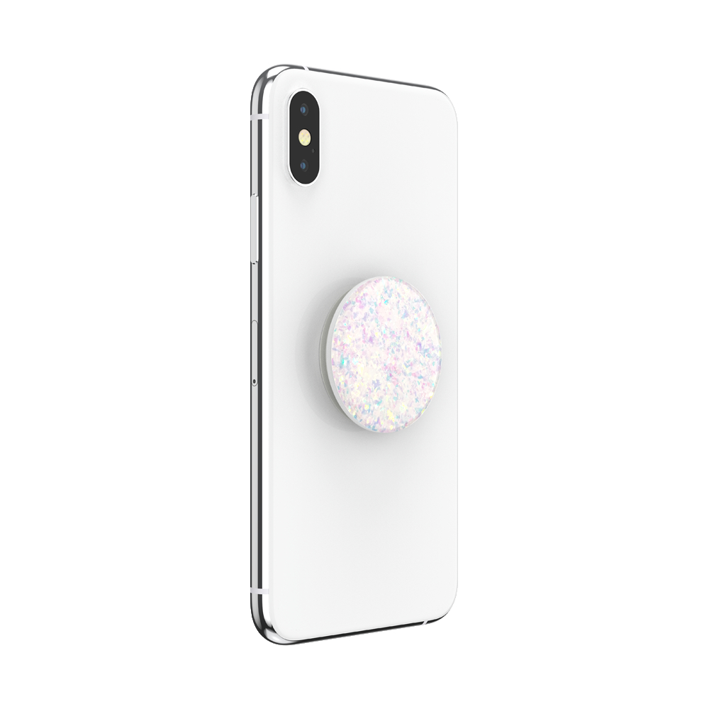 Weißes Telefon mit einem glitzernden Popsocket.