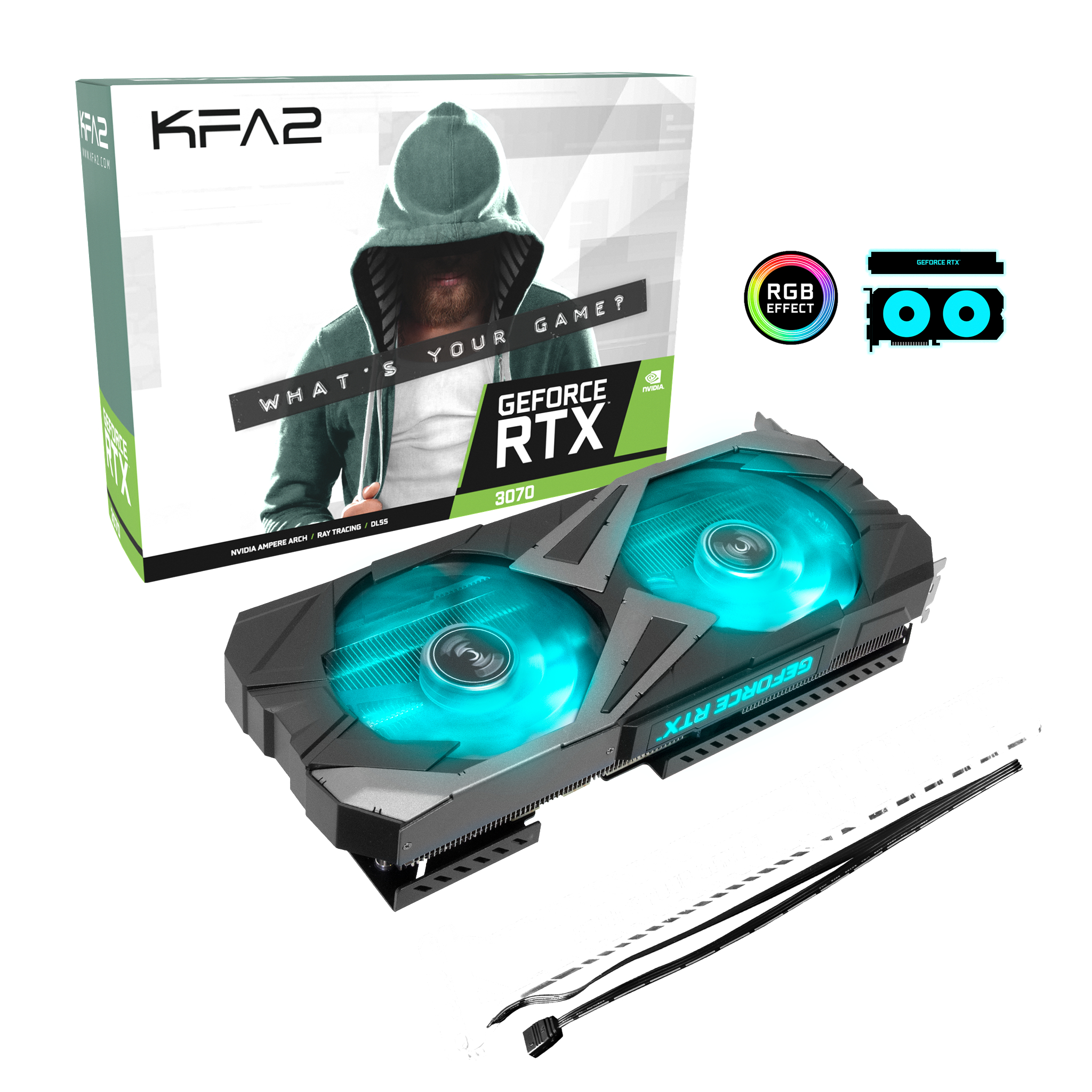 Grafikkarte mit zwei Lüftern, mit der Box und dem Namen GeForce RTX.