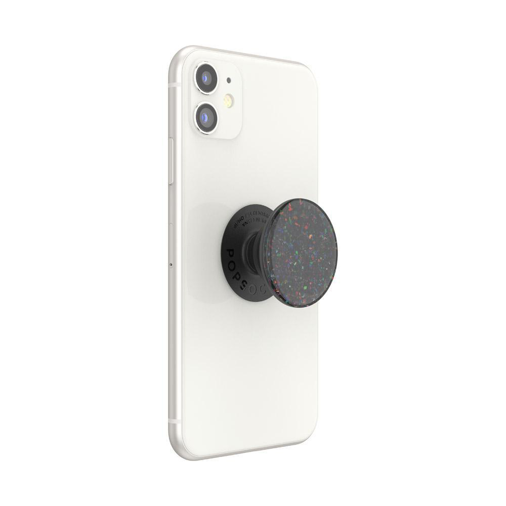 Weißes Telefon mit PopSocket. PopSocket ist schwarz mit buntem Design.