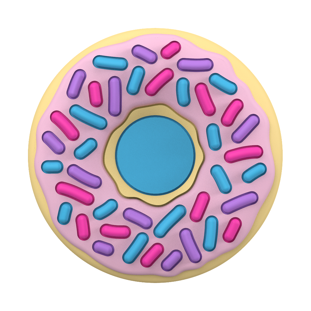 Donut mit rosa Zuckerguss und bunten Streuseln. Die Mitte ist blau.