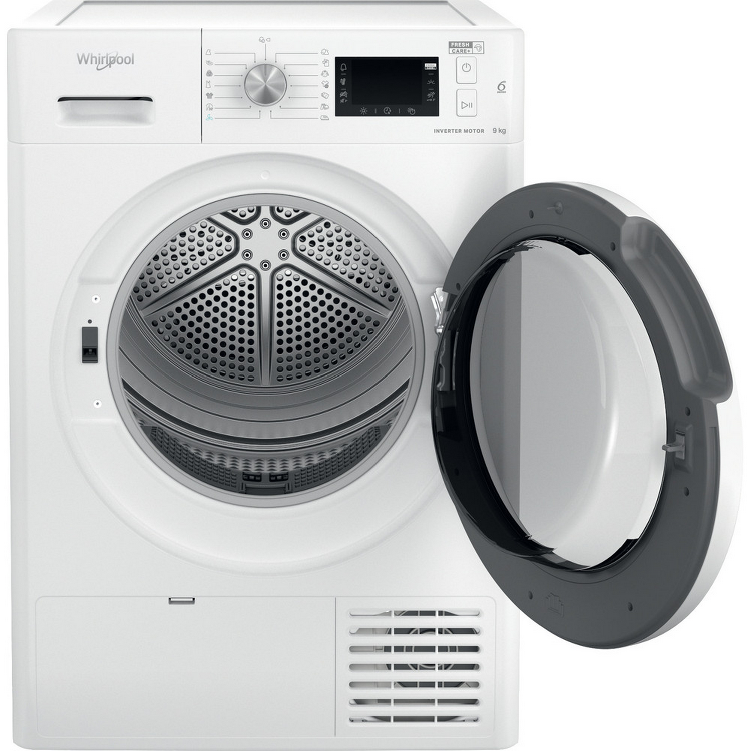 Secadora Whirlpool blanca con la puerta abierta, mostrando el interior del tambor y el panel de control.