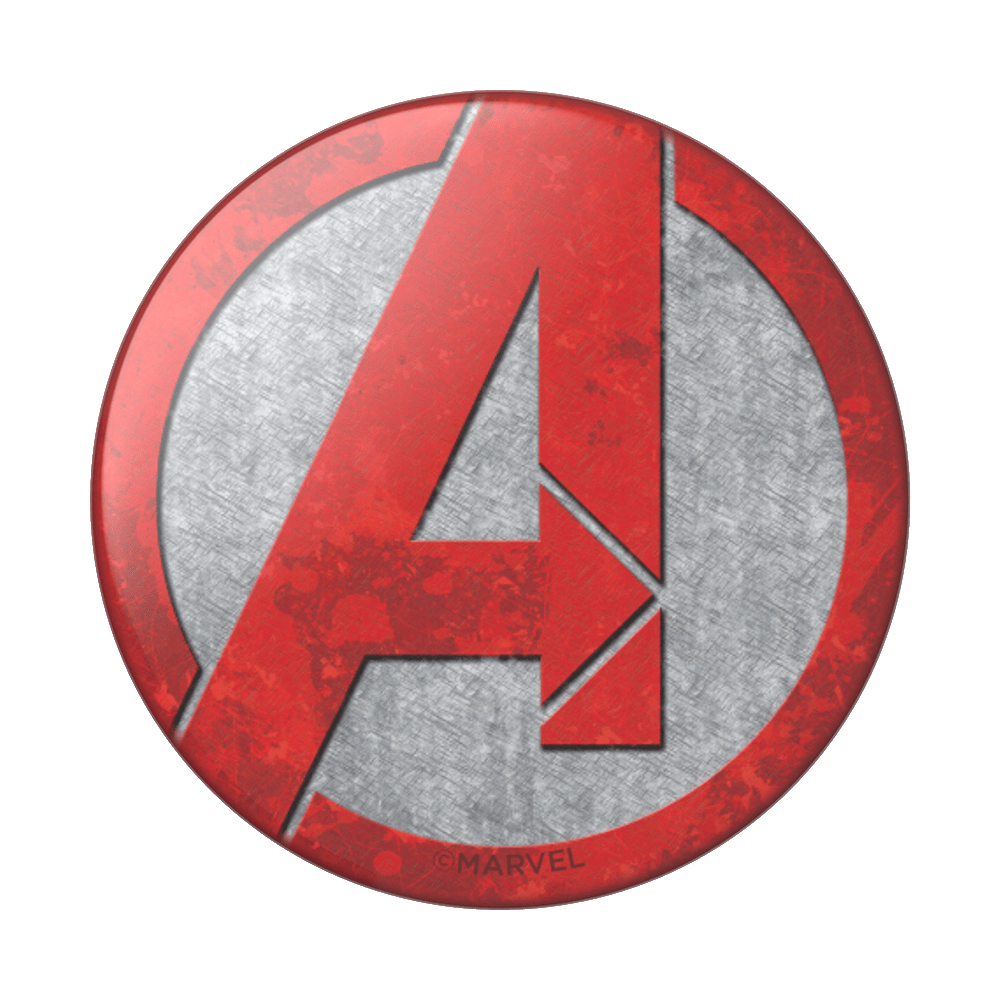 Rotes Avengers-Logo auf einem silbernen, gebürsteten Metallkreis, auf weißem Hintergrund.