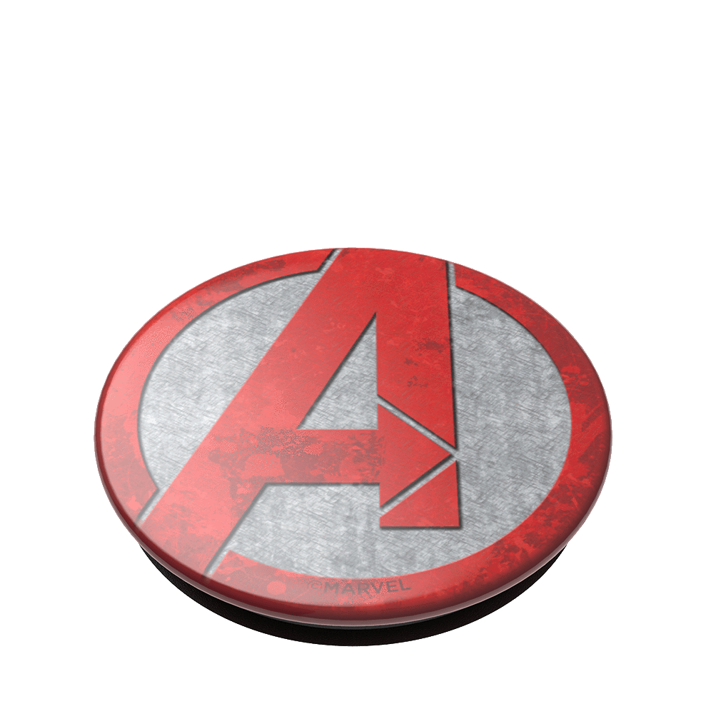 Avengers-Logo auf metallischem, rundem Untergrund.