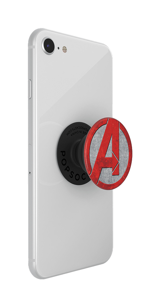 Weißes Telefon mit einem Avengers PopSocket. Das PopSocket ist rot und hat ein graues 'A'.
